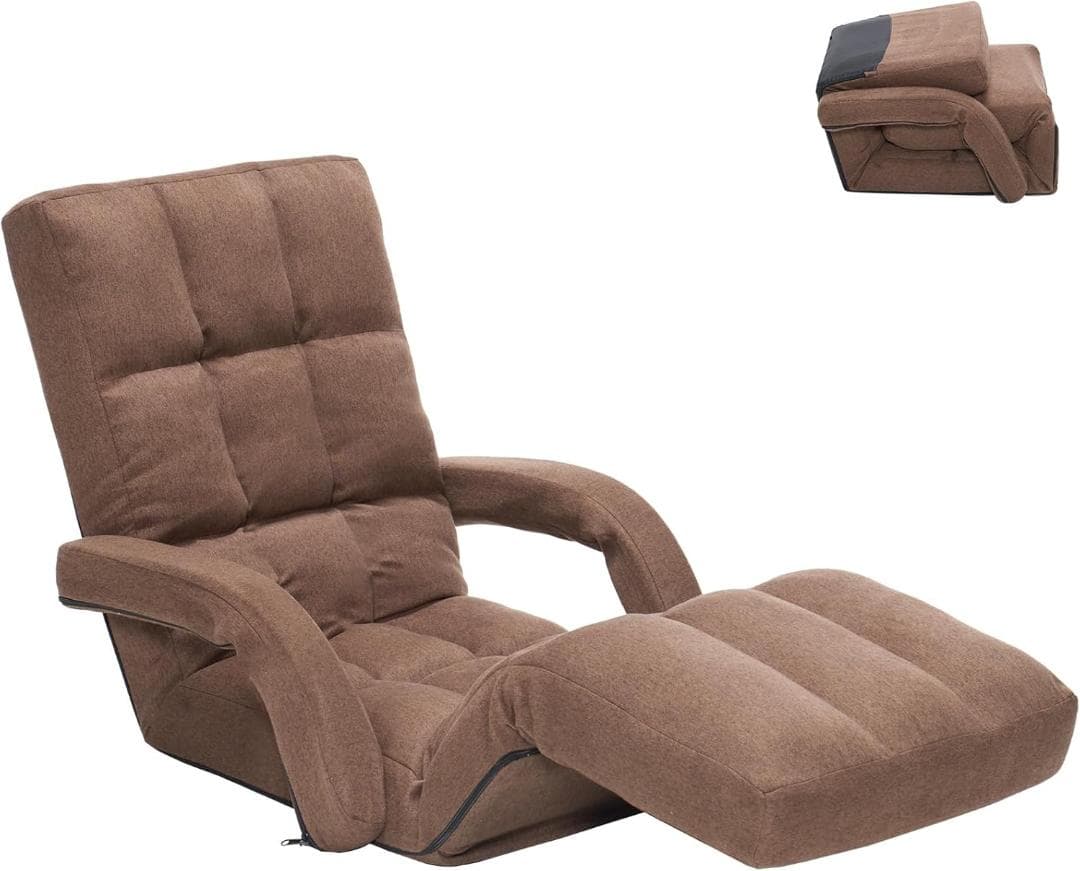 752 ブラウン座椅子肘掛けリクライニング14段階脚置きフットレストロン