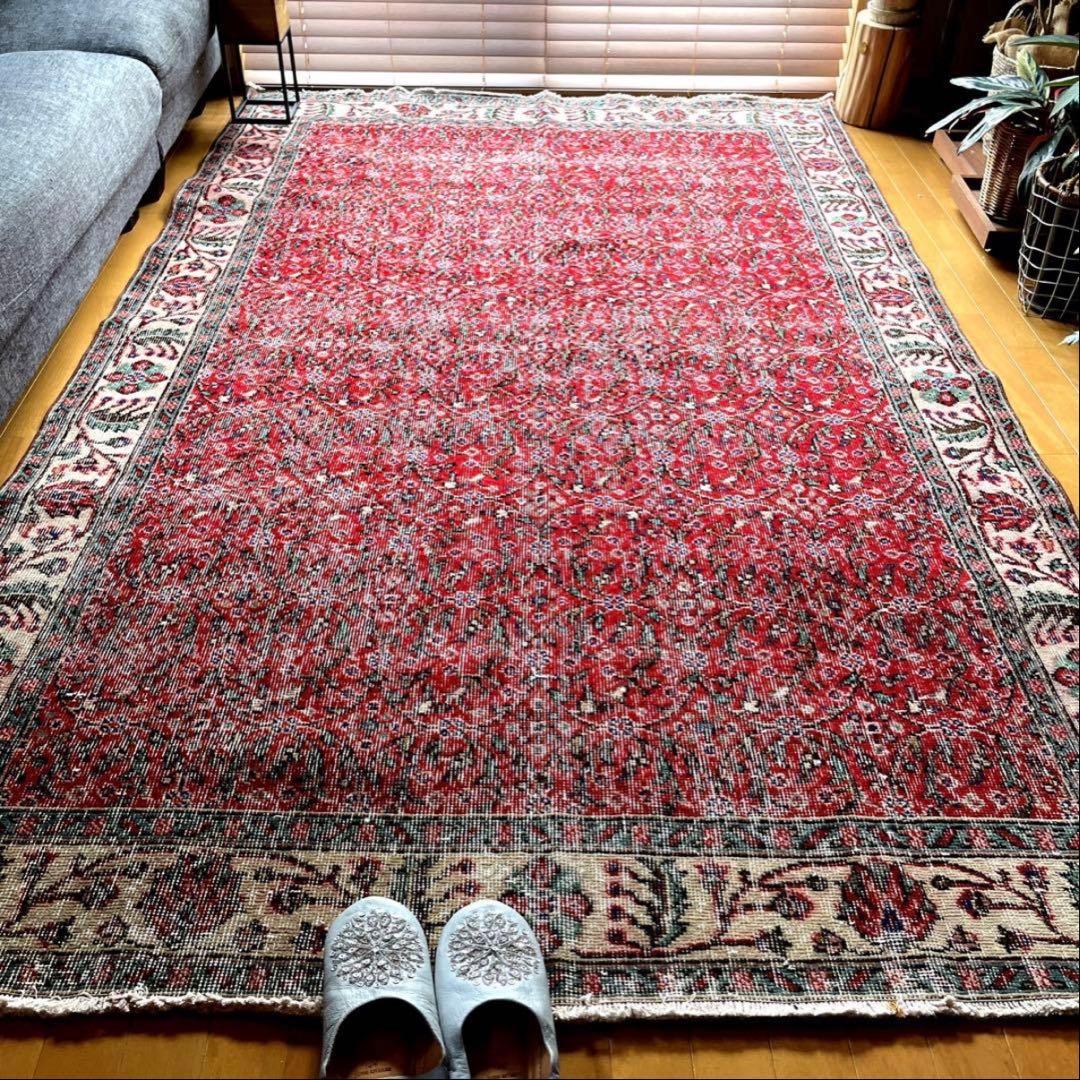 大判　162×262 クリーム縁取り　ストロベリー草花　トルコヴィンテージラグ