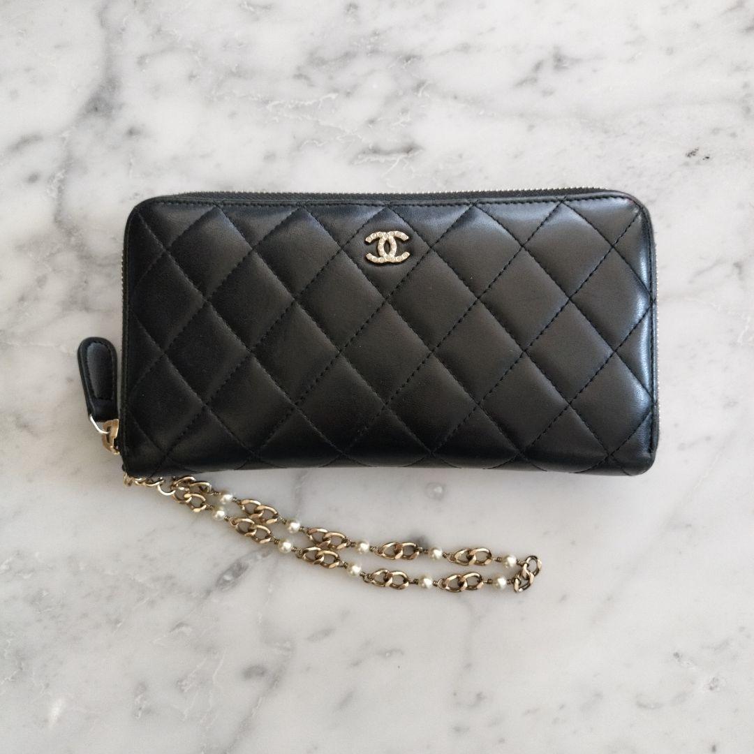 CHANEL マトラッセ ラウンドファスナー長財布 ブラック パールココ