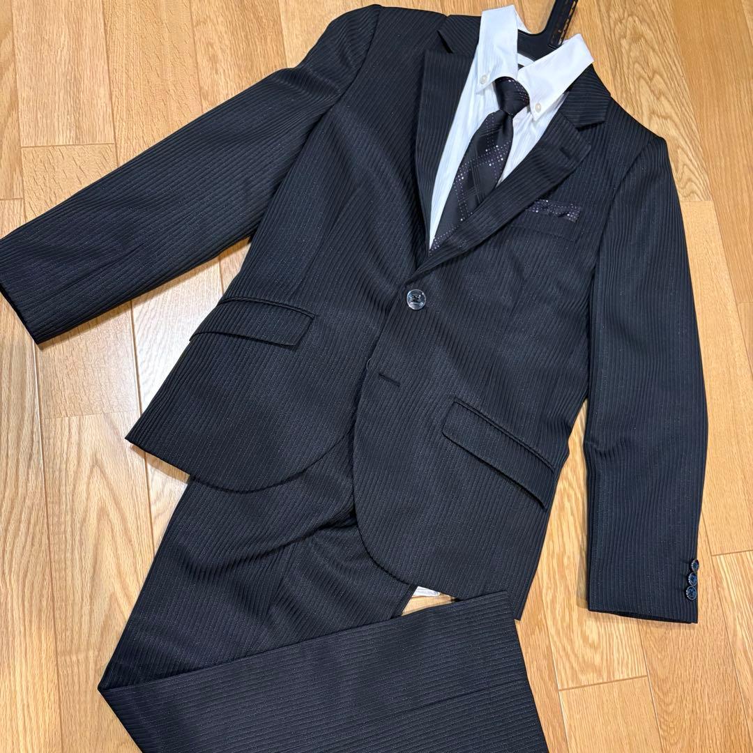 160cm 男児　フォーマルスーツ ストライプ 黒 4点セット