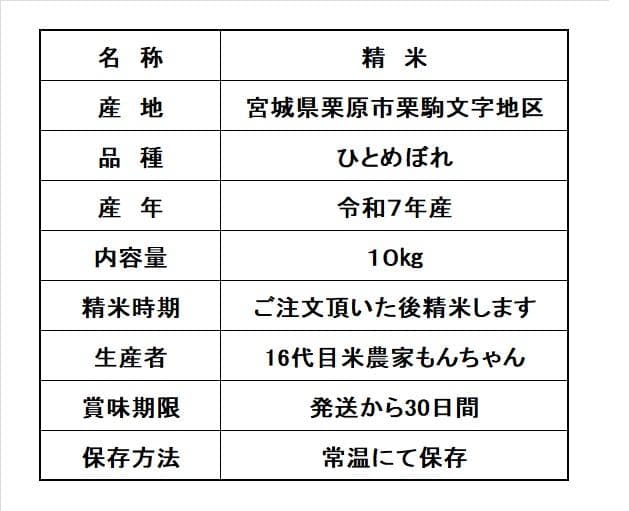 ひとめぼれ　精米10㎏　7年産　宮城県　柿渋袋　送料込　農家直送　米　10キロ
