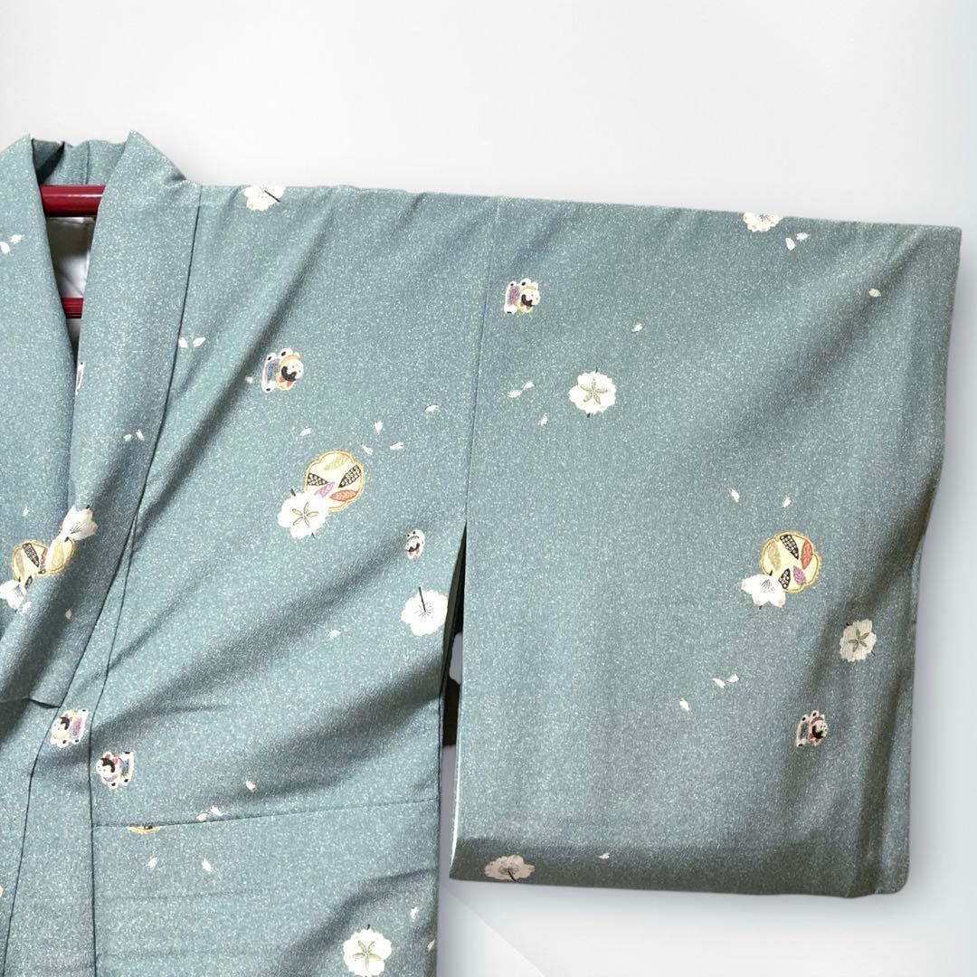 【美品✨】東レシルック　洗える着物　小紋　水浅葱色　狛犬　桜　手縫い仕立て　N4