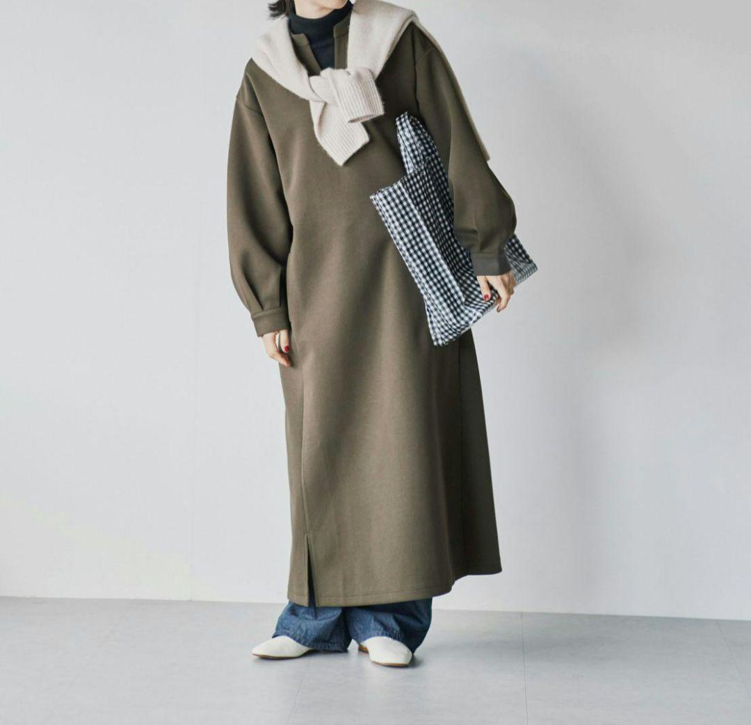 1743　北欧暮らしの道具店　シワになりにくいポンチ素材のワンピース　オリーブM