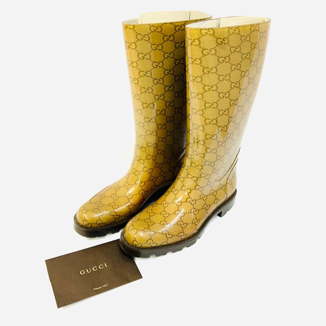 GUCCI レインブーツ 長靴 GG柄 マイクロGG ブラウン系 36