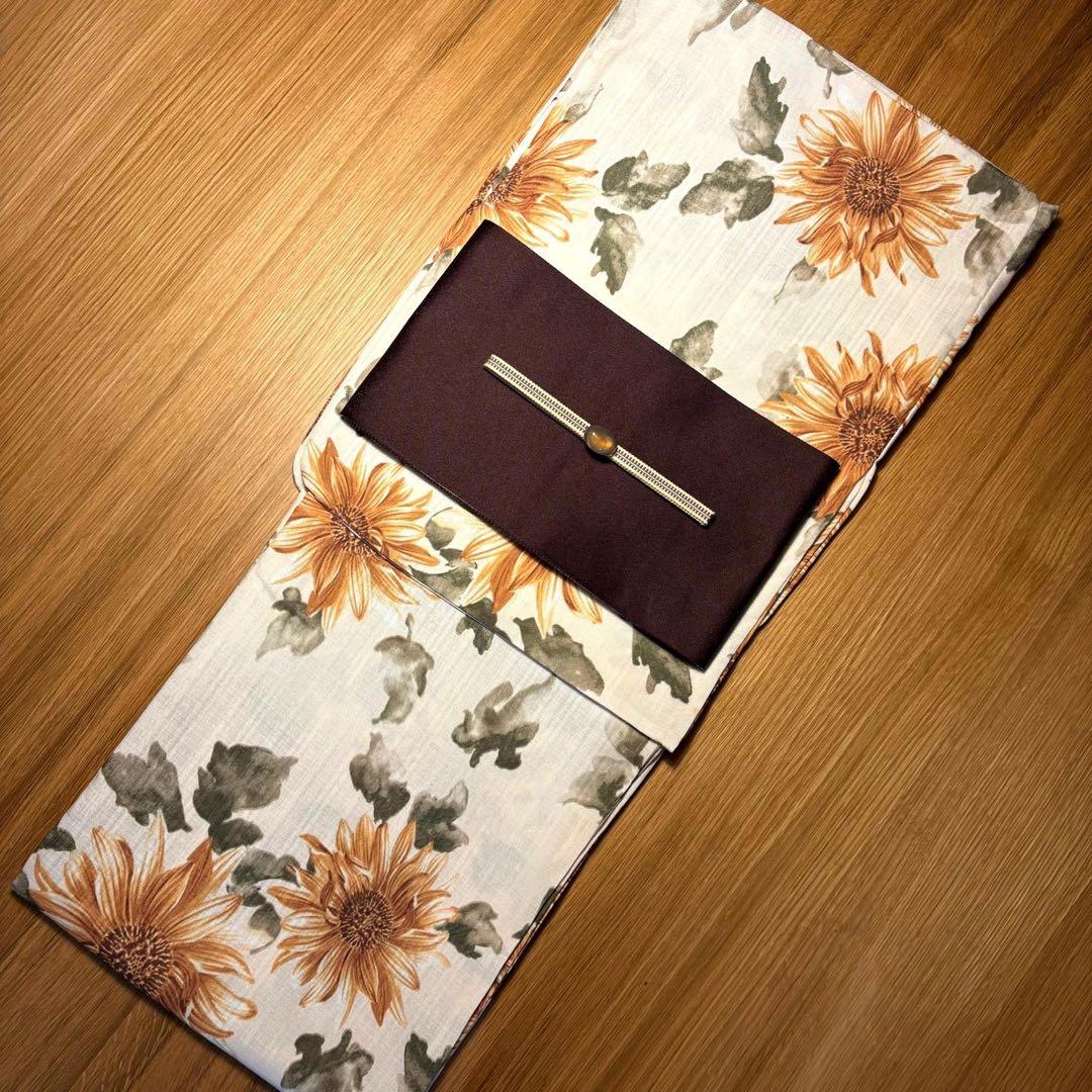 浴衣4点セット◆ひまわり浴衣✖️半幅帯✖️天然石帯留✖️真田紐