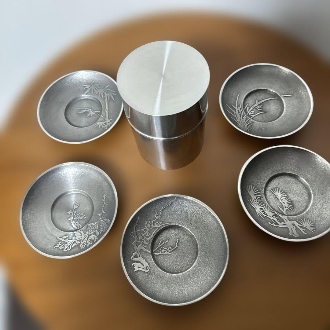 極上 純錫 茶器揃(茶筒1 茶托5)