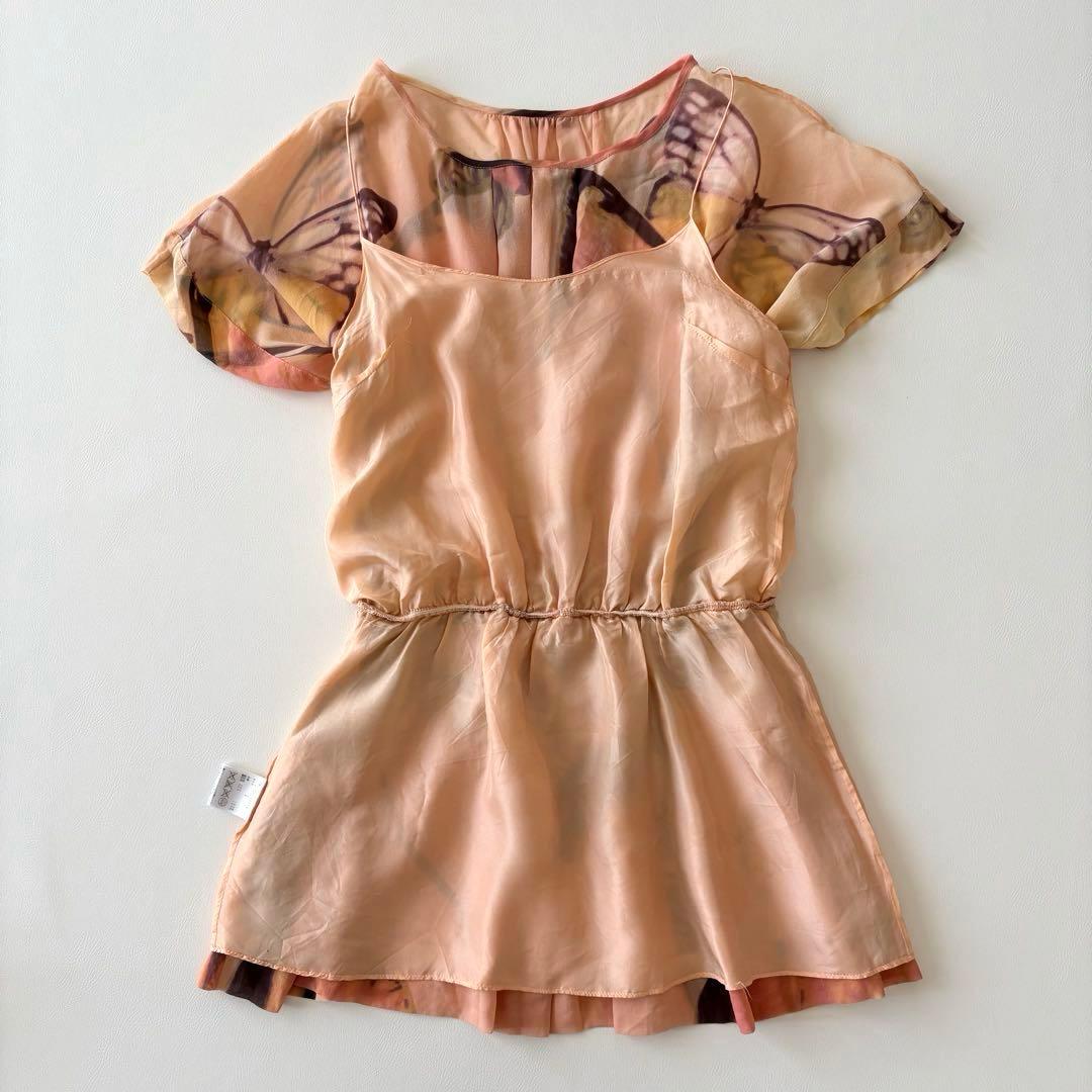 ■ VIVIENNETAM総シルクバタフライ柄ドルマンスリーブぺプラムチュニック