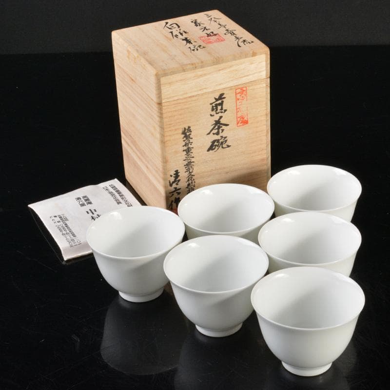 tata　高麗庵　清六窯中村清六作　白磁煎茶碗　六客　共箱　M　R6703