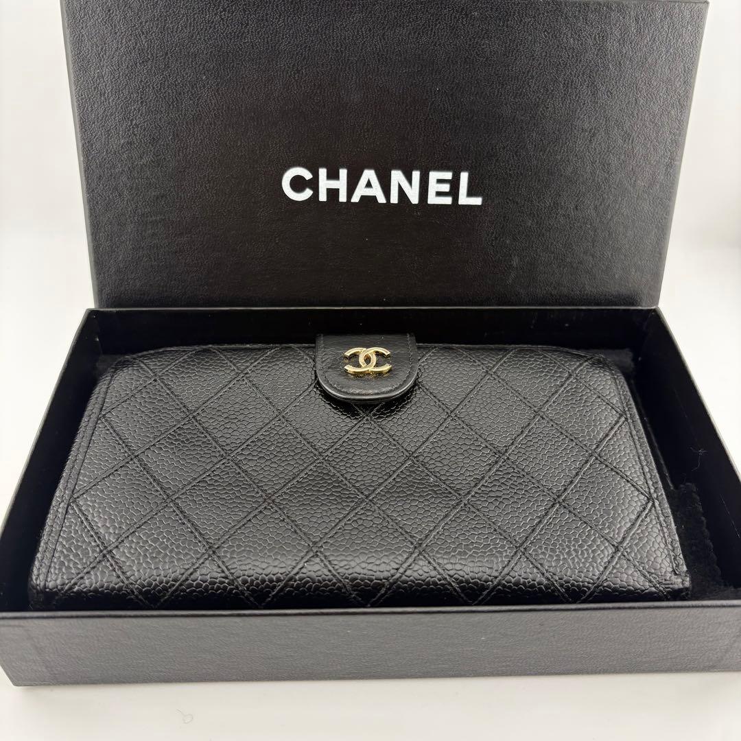 【良品✨】シャネル ビコローレ キャビアスキン がま口 長財布 ブラック 4番台