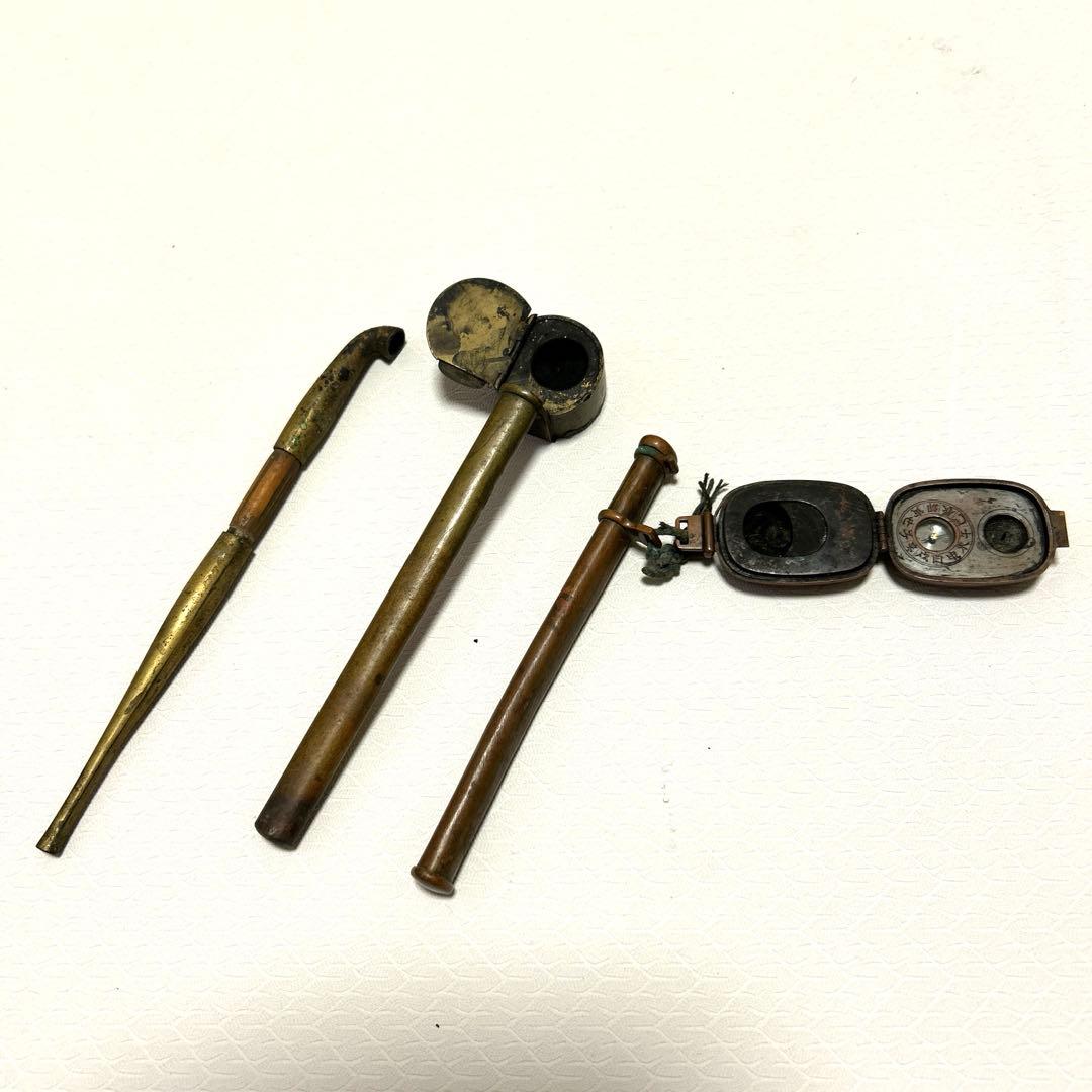 矢立方位磁針付き、矢立、キセル3点セット　骨董　レトロ