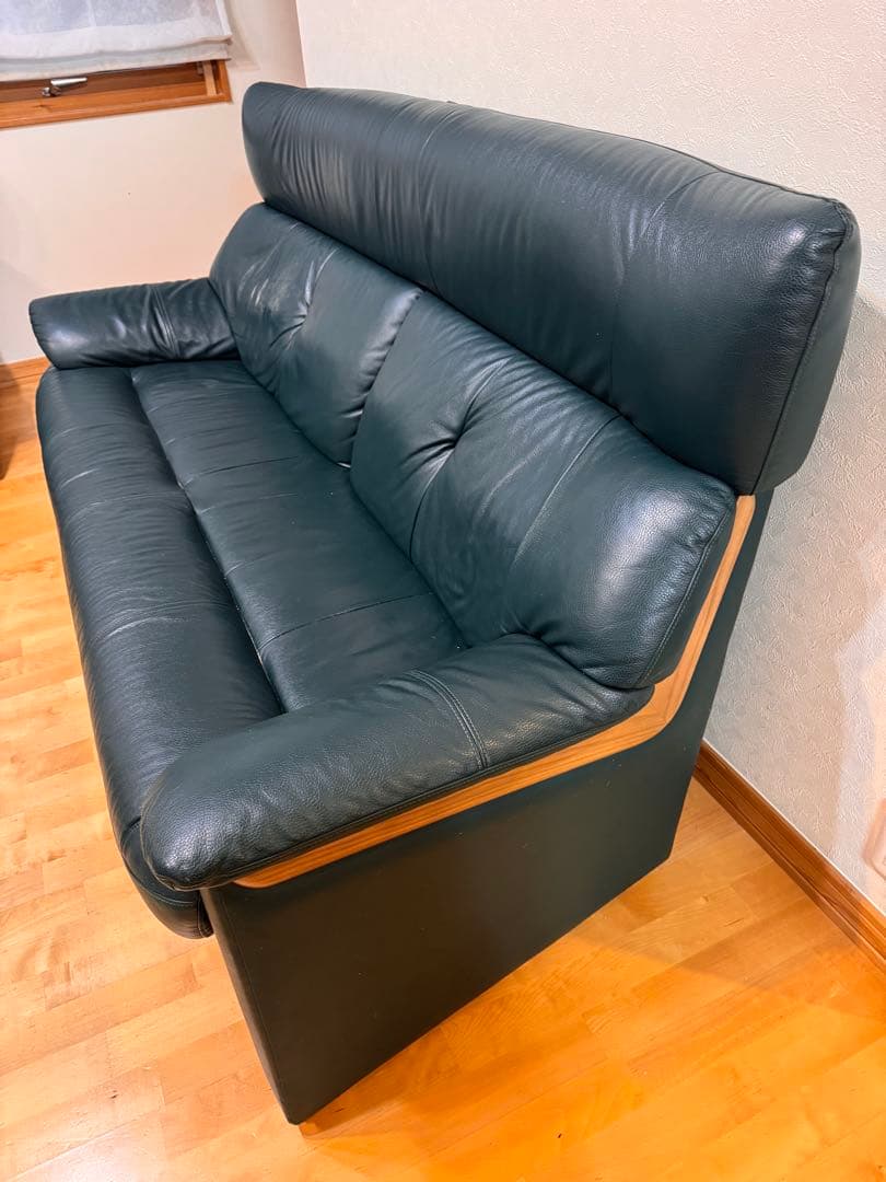 ダークグリーン レザー 2-3人掛けソファ