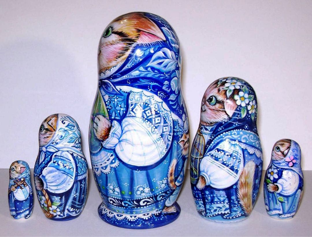年末感謝セール♪ロシア雑貨☆ネコマトリョーシカ5P『グジェリの猫一家』ミラ最新作