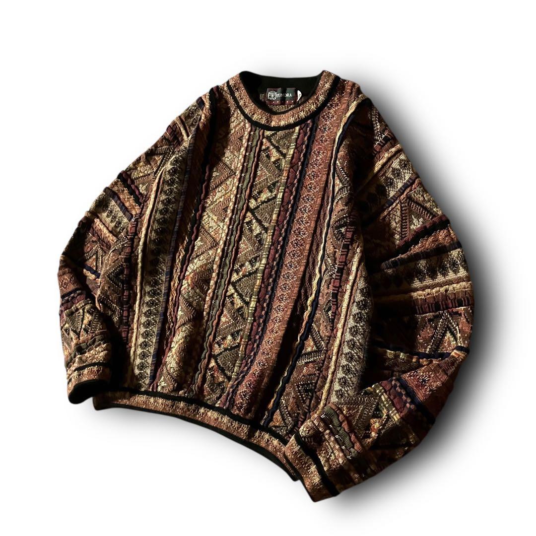 90s TUNDRAツンドラ幾何学模様3Dニット希少クージー調CBOYブラウンM
