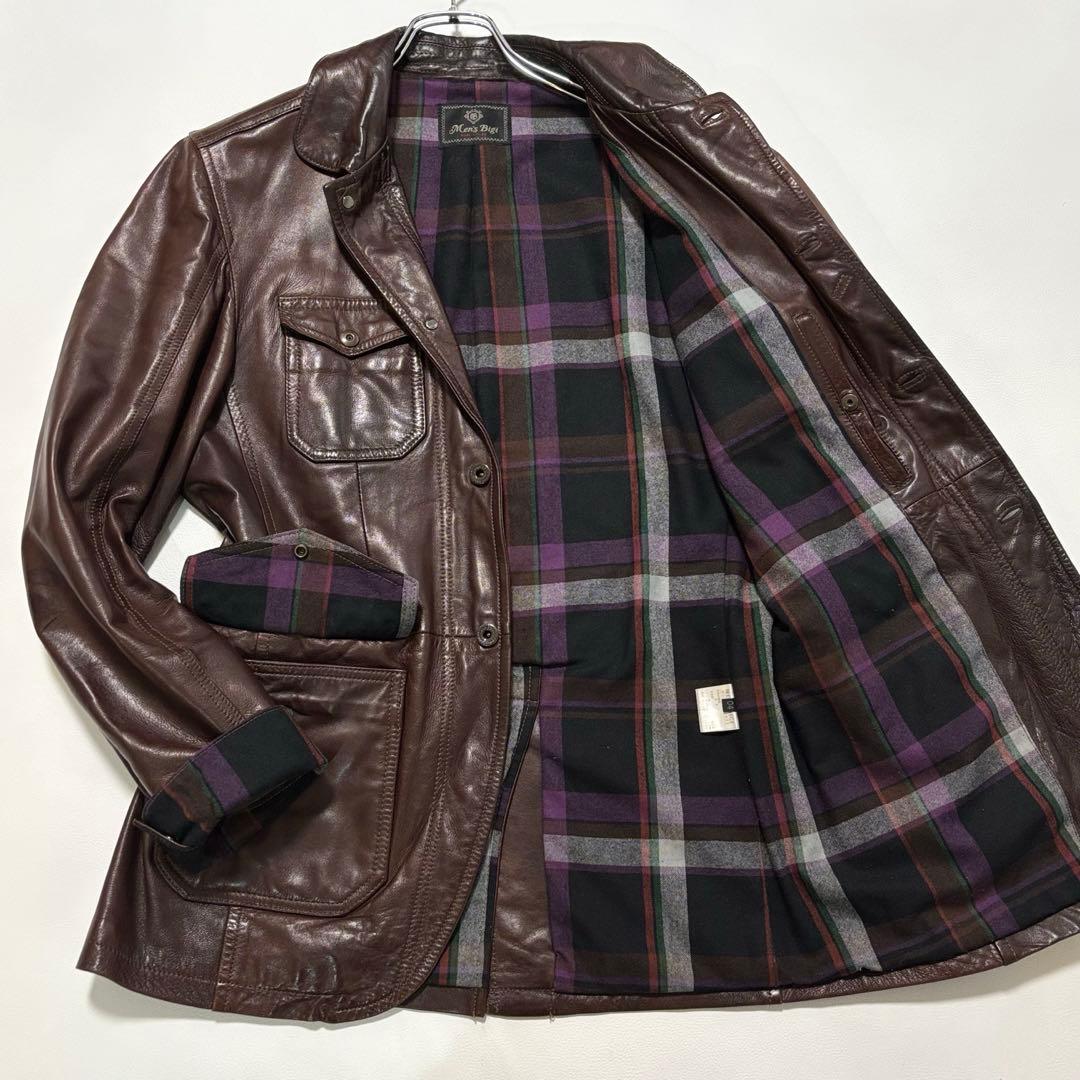 メンズビギ[羊革 XLサイズ]レザーテーラードジャケット 2way チェック柄