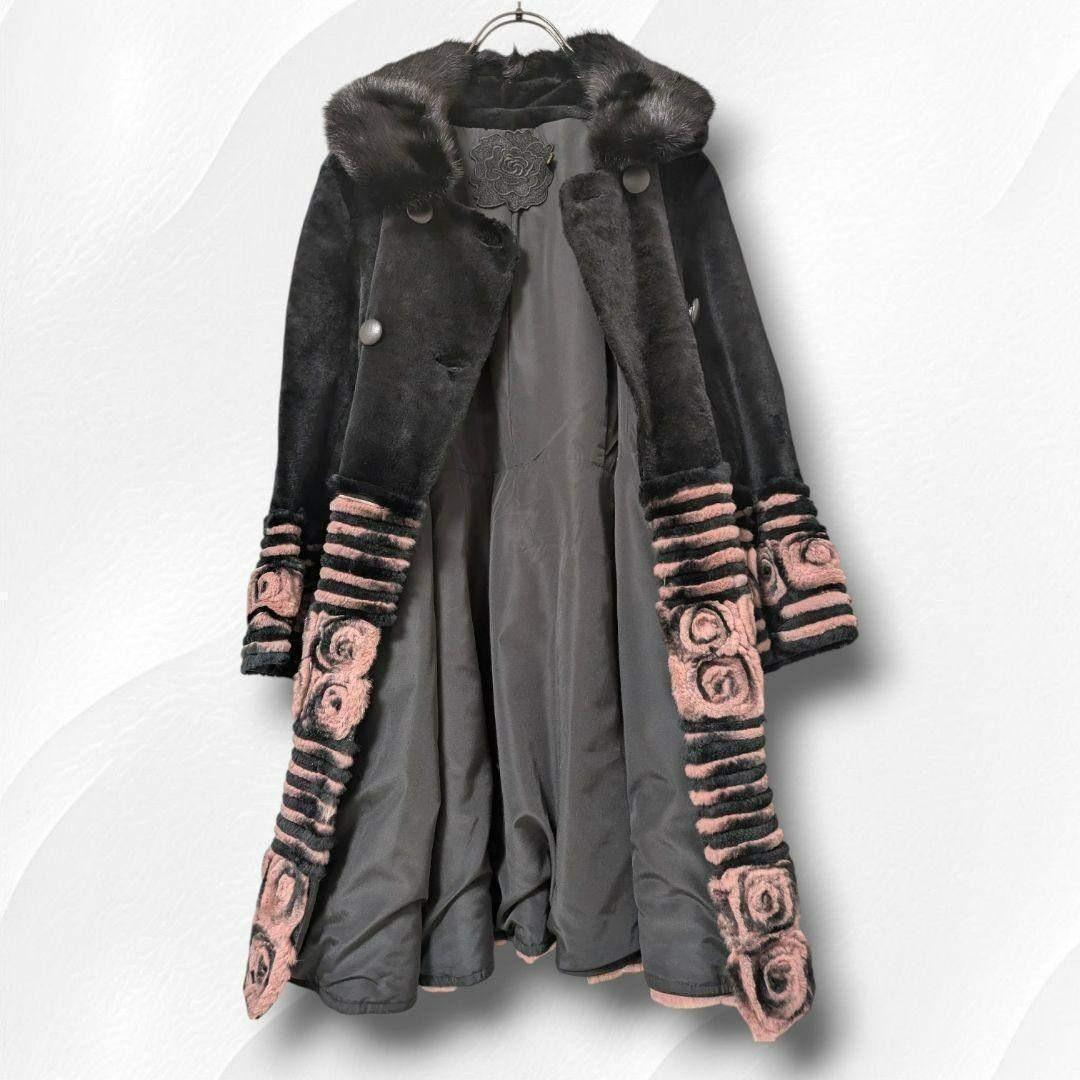 【希少】ミンク襟 × レッキスラビット 薔薇柄 リアルファーコート ピンク
