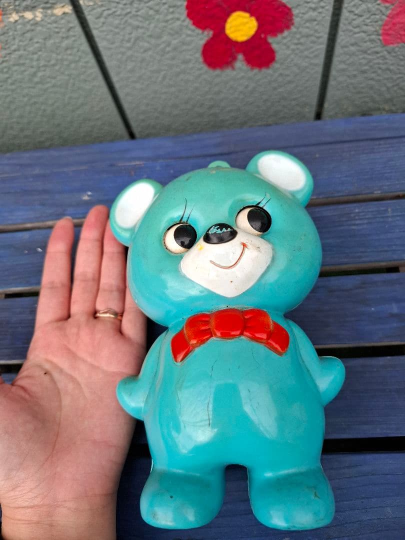 昭和レトロ　オルゴール クマ　ブルー Sankyo　 サンキョー　当時物　キョロ