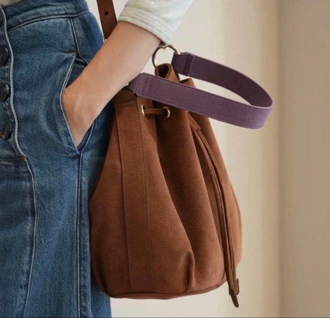 1回使用★HINC NUNC バケットバッグ　ブラウン&パープル　スエード