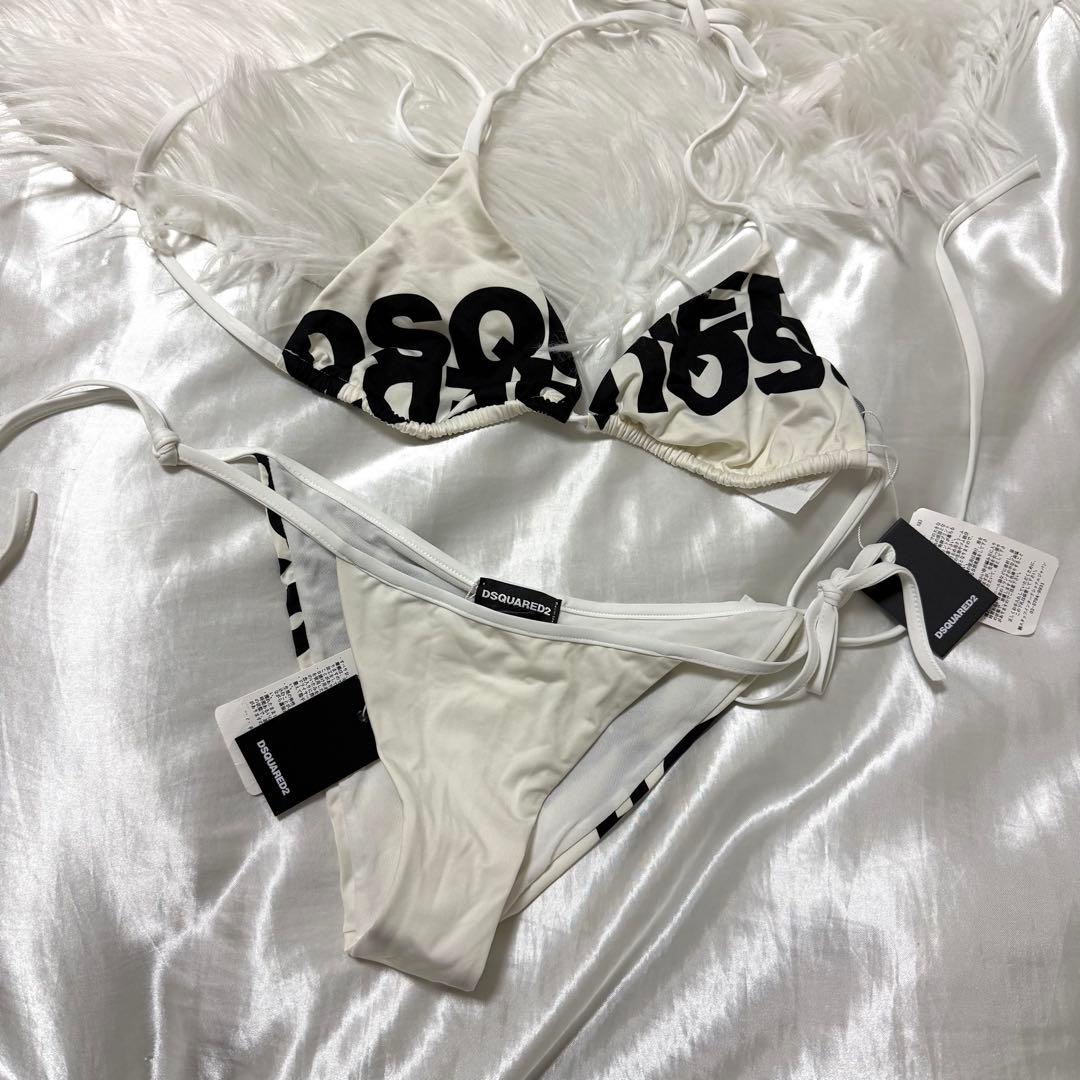 DSQUARED2 ホワイト/ブラック ロゴプリント セパレート水着 ビキニ