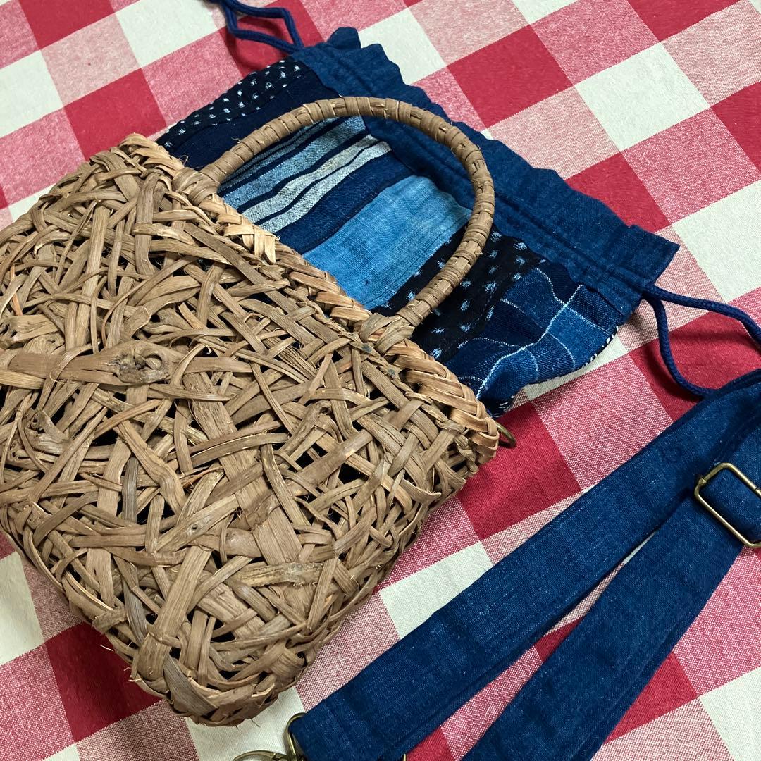 山葡萄国産かごバック手提げショルダー2way仕様藍染め型染め雪ん子縞木綿