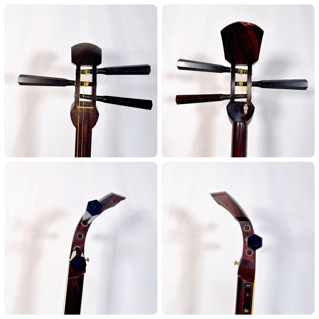 【希少】民謡三味線　中棹　紅木　正寸　2本溝　丸打胴　皮やぶれなし　本皮
