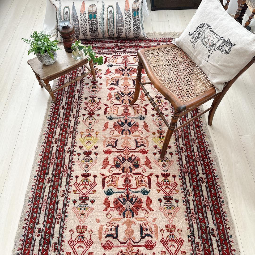 トルコ製ヴィンテージラグ771高級 レア アイボリー レッド イエロー グリーン