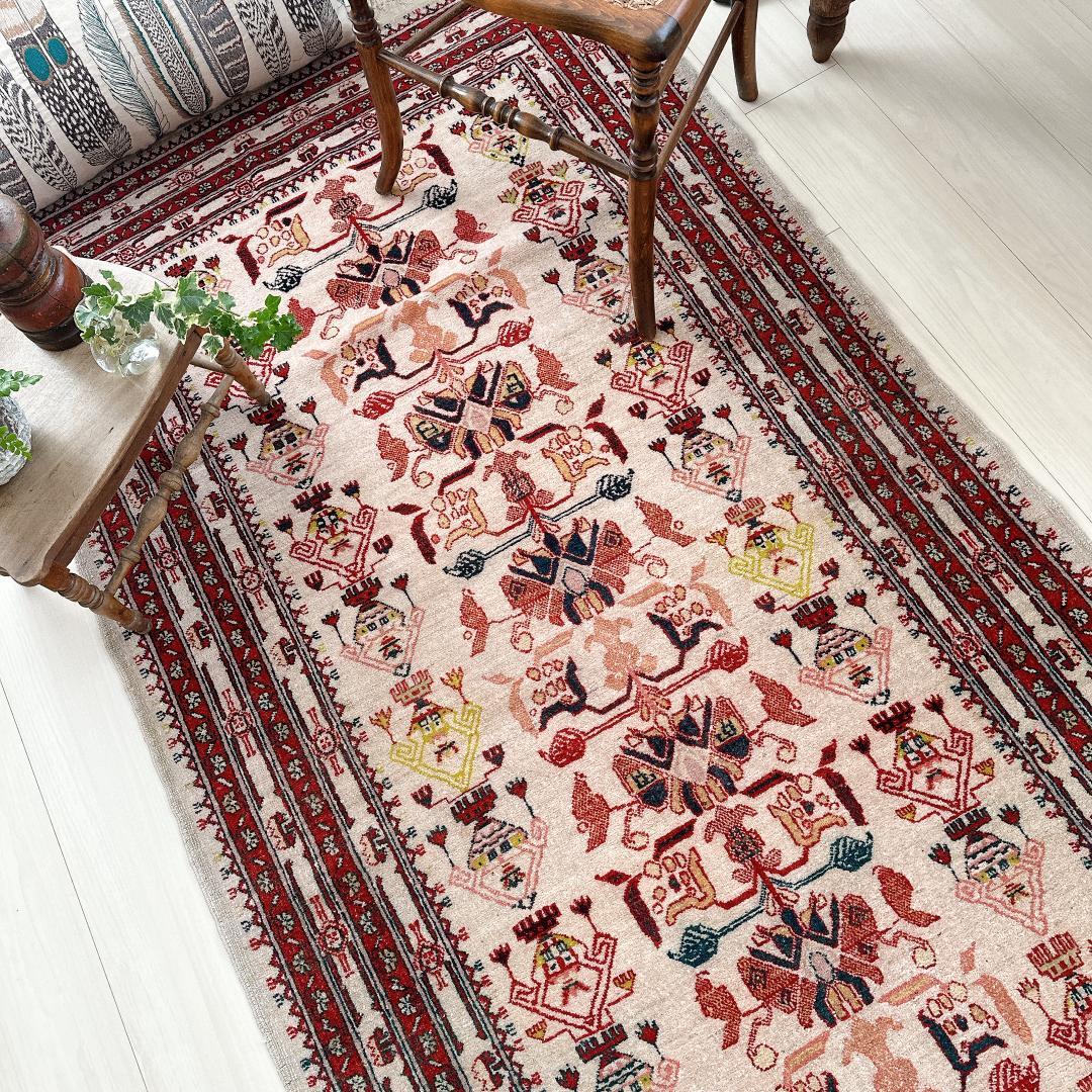 トルコ製ヴィンテージラグ771高級 レア アイボリー レッド イエロー グリーン