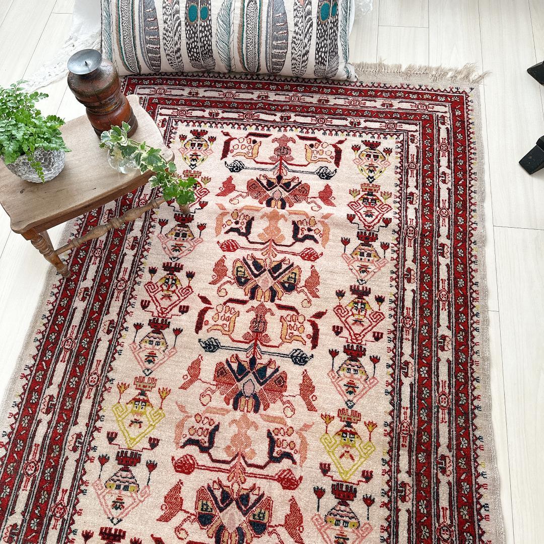 トルコ製ヴィンテージラグ771高級 レア アイボリー レッド イエロー グリーン