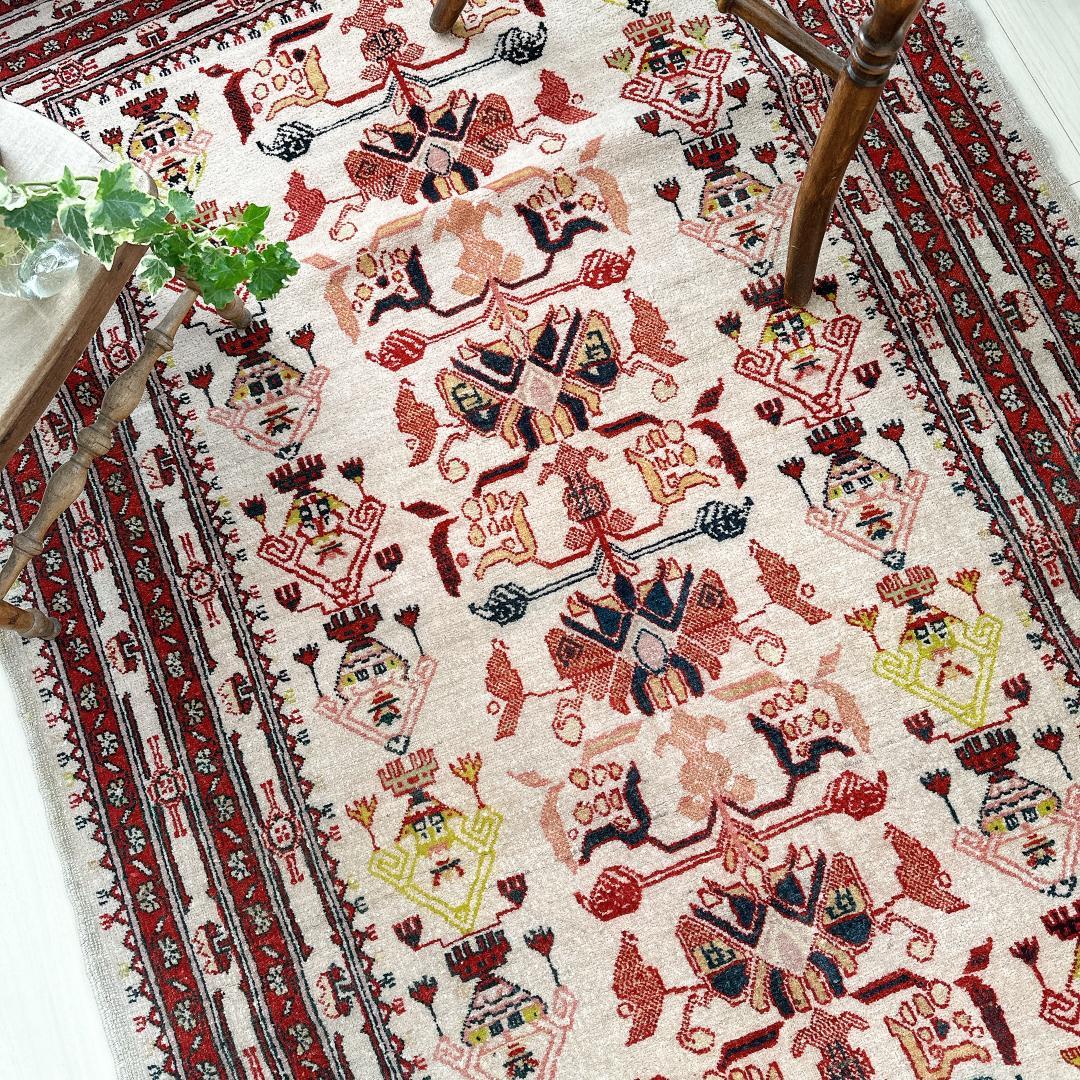 トルコ製ヴィンテージラグ771高級 レア アイボリー レッド イエロー グリーン