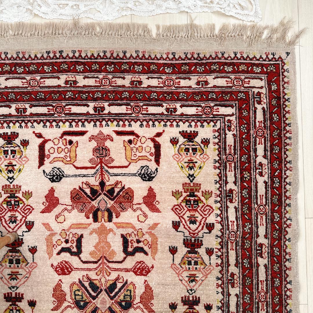 トルコ製ヴィンテージラグ771高級 レア アイボリー レッド イエロー グリーン