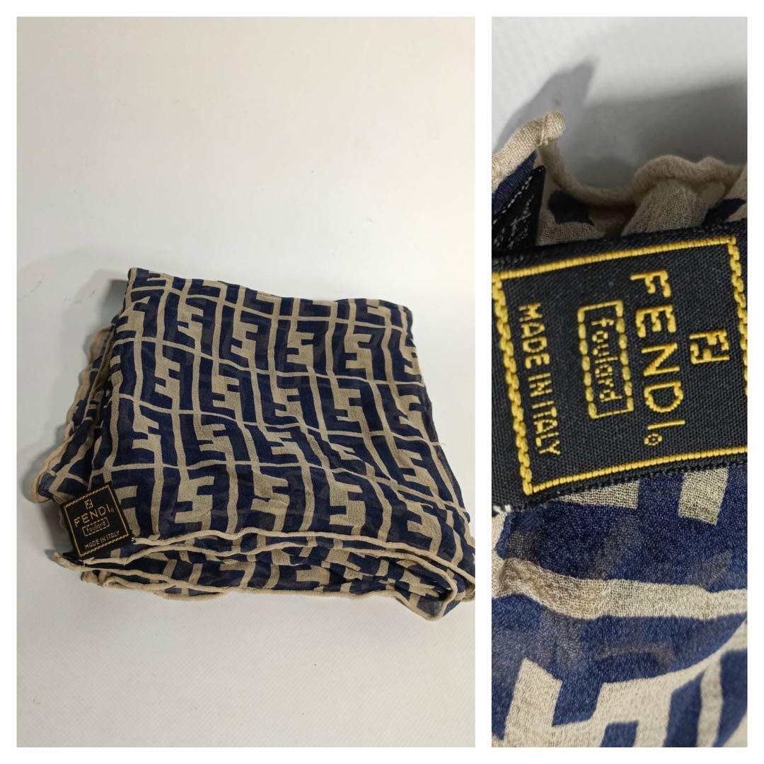 FENDIフェンディ伊FF69ズッカ柄ベージュ×紺シルクストールショールマフラー