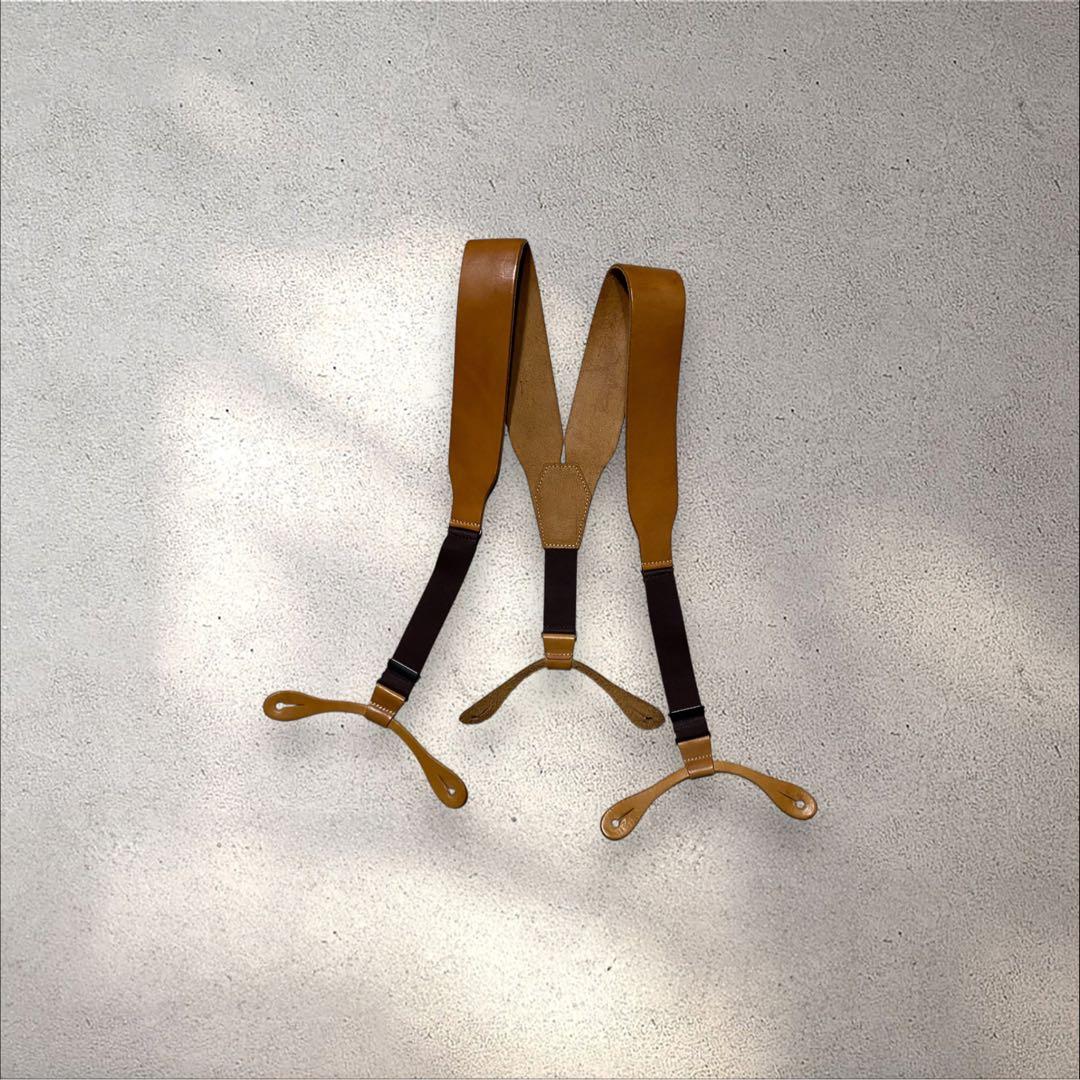 【美品】eight-g本革サスペンダー幅広キャメルボタンホールメンズエイトジー