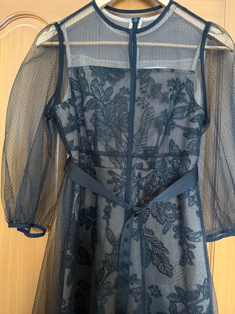 【LEJA】チュールパイピングリーフベルトAラインドレスワンピース Sサイズ