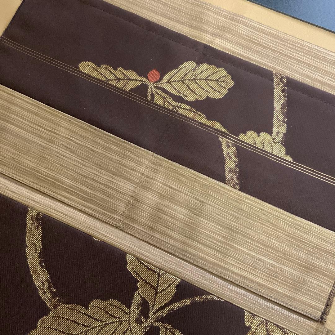 焦茶に金糸きらめく葉文の帯 リメイク バンブーハンドルバッグ 浅型マチ広め