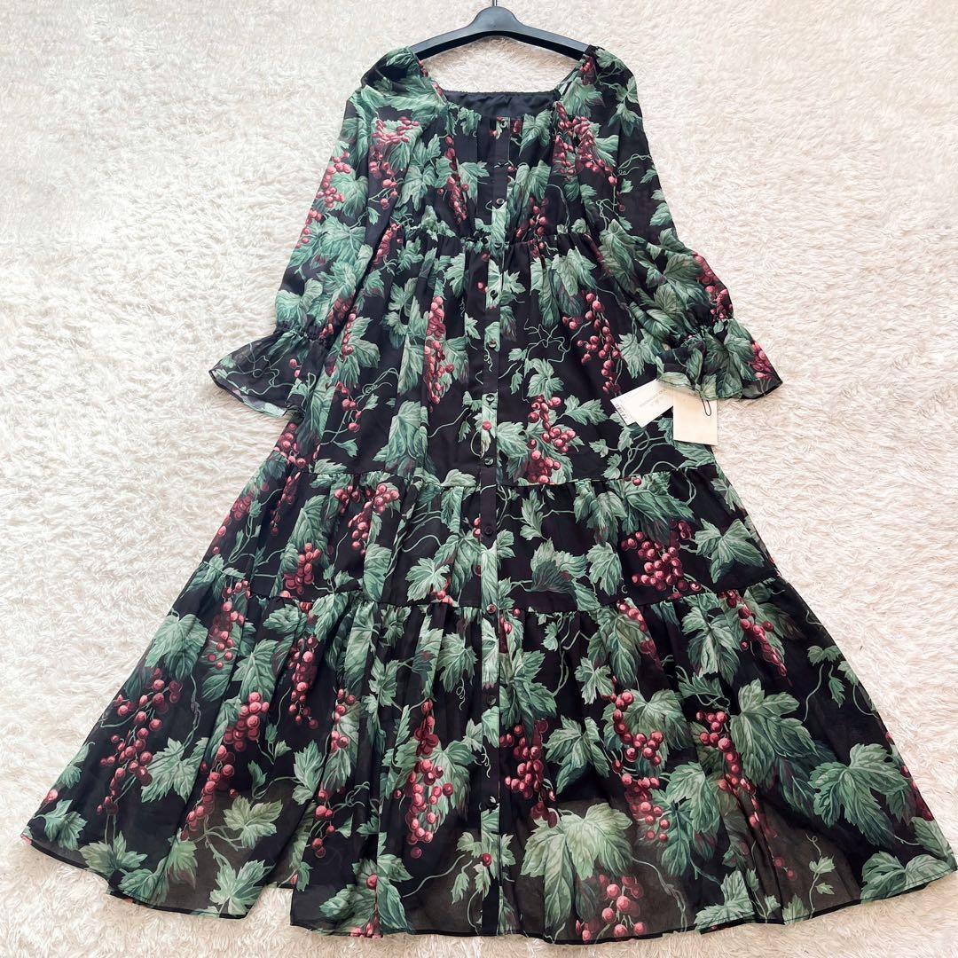 グレースコンチネンタル グレーププリントティアードワンピース ぶどう柄　36