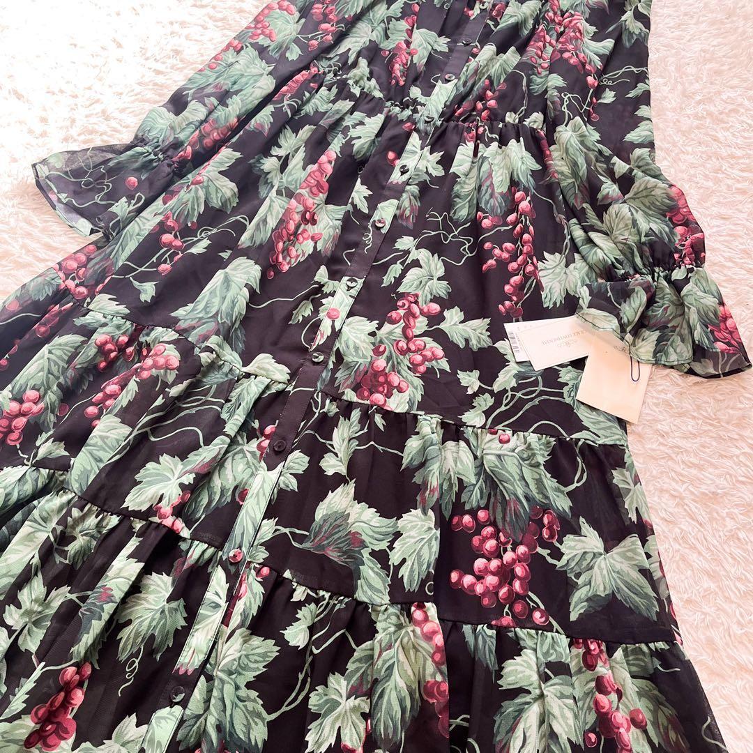 グレースコンチネンタル グレーププリントティアードワンピース ぶどう柄　36