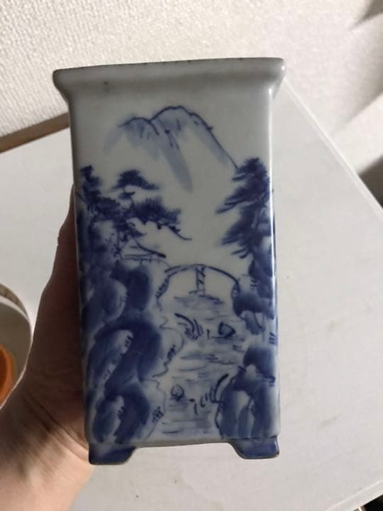 盆栽鉢　希少　水山　高級盆栽鉢古和鉢四面染付手書正方角深鉢懸崖鉢