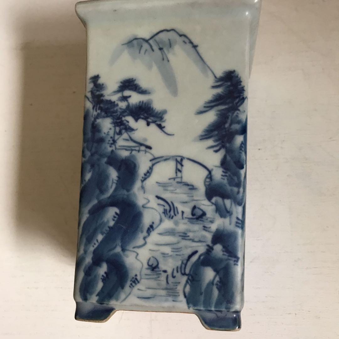 盆栽鉢　希少　水山　高級盆栽鉢古和鉢四面染付手書正方角深鉢懸崖鉢
