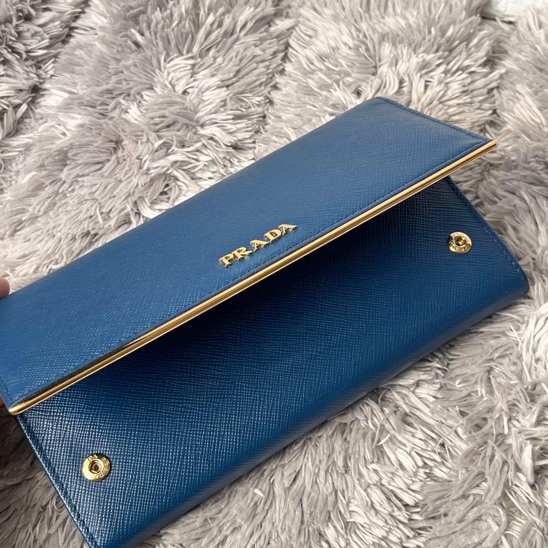 美品✨PRADA サフィアーノ　メタルバー　ネイビー　長財布　メタルロゴ