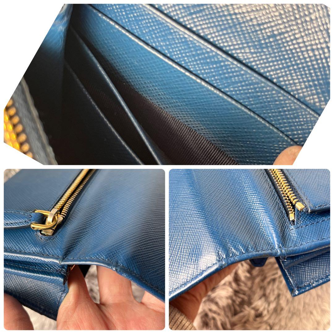 美品✨PRADA サフィアーノ　メタルバー　ネイビー　長財布　メタルロゴ