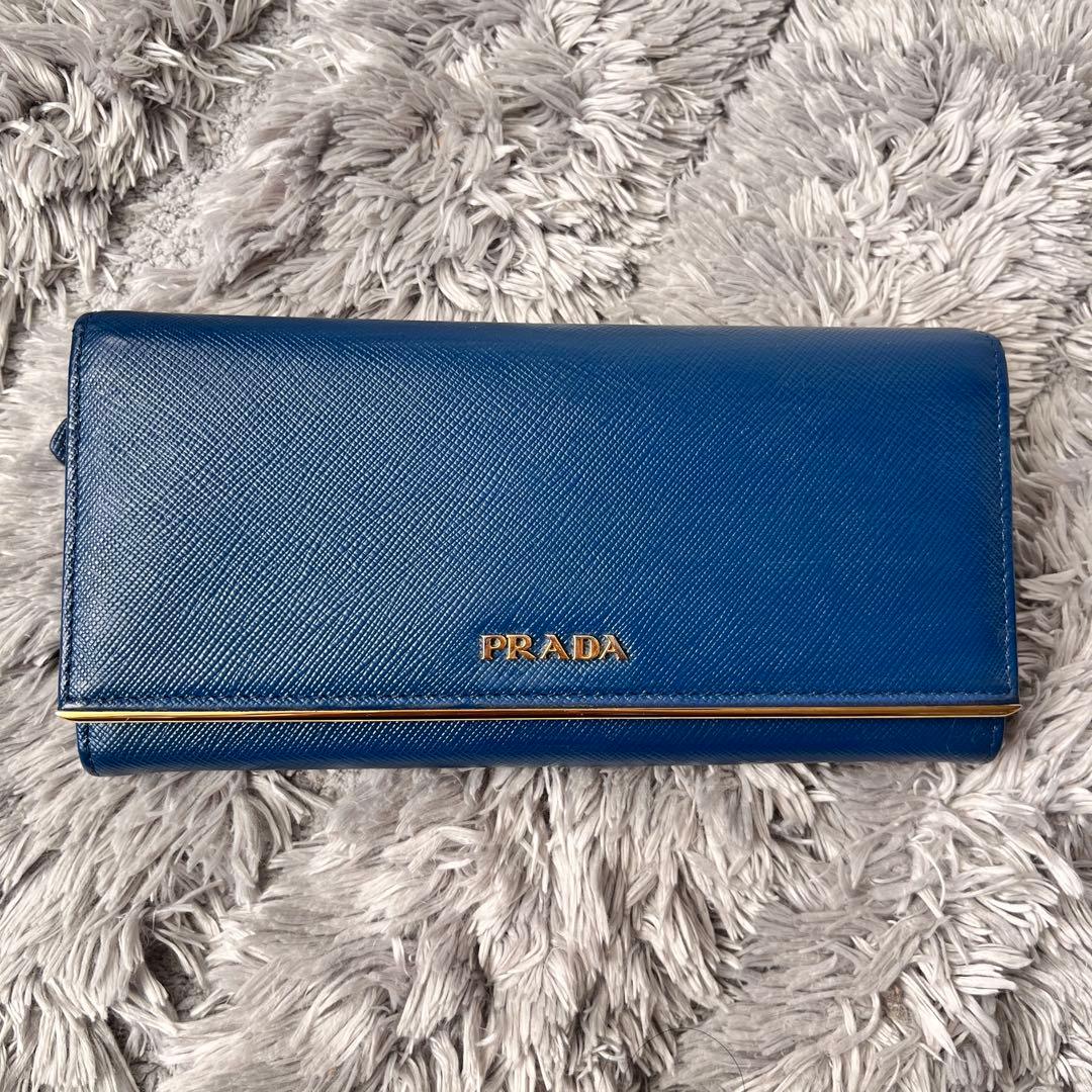 美品✨PRADA サフィアーノ　メタルバー　ネイビー　長財布　メタルロゴ