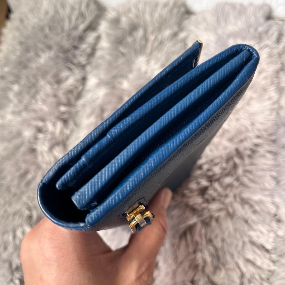 美品✨PRADA サフィアーノ　メタルバー　ネイビー　長財布　メタルロゴ