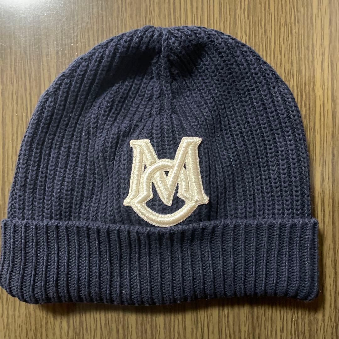 MONCLER ネイビー ニット帽両面ダブルロゴ、ユニセックス