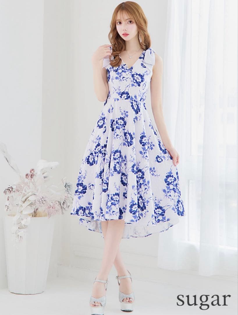 ホワイト×ブルー・花柄・Aライン [GINZA COUTURE] XS