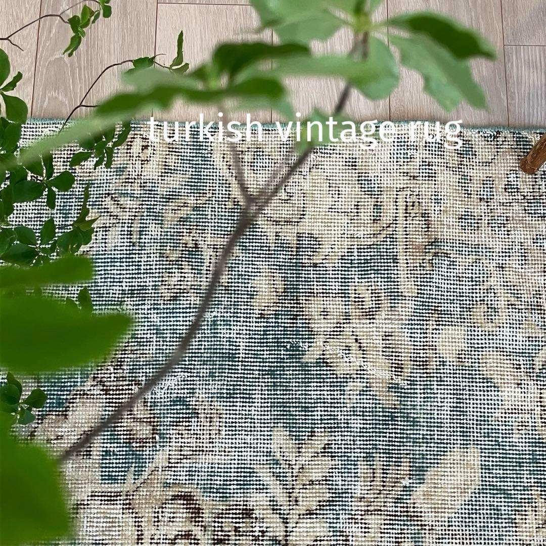 スカイブルー82×185シャビー　エメラルド　ランナー　トルコヴィンテージラグ