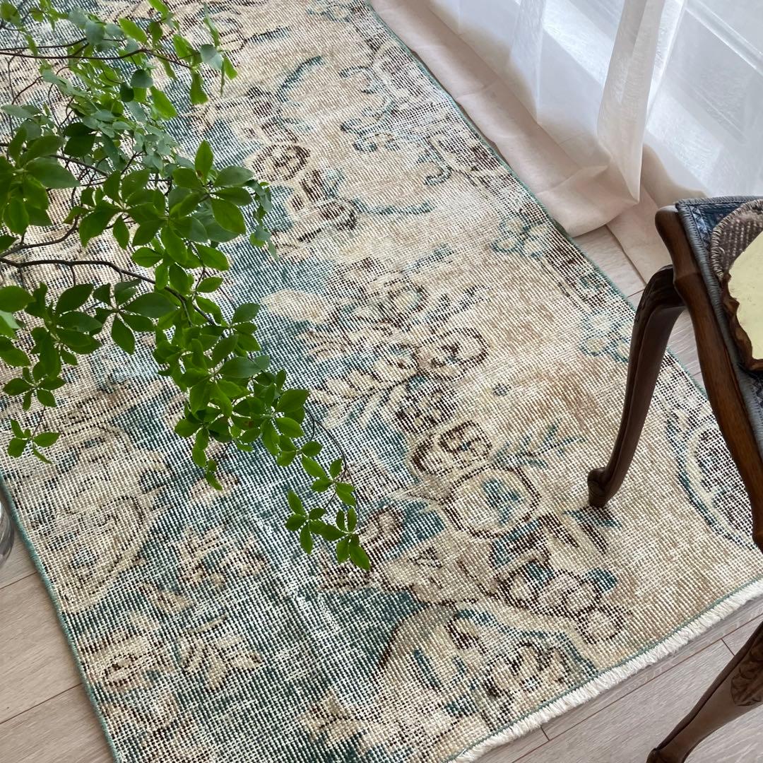 スカイブルー82×185シャビー　エメラルド　ランナー　トルコヴィンテージラグ