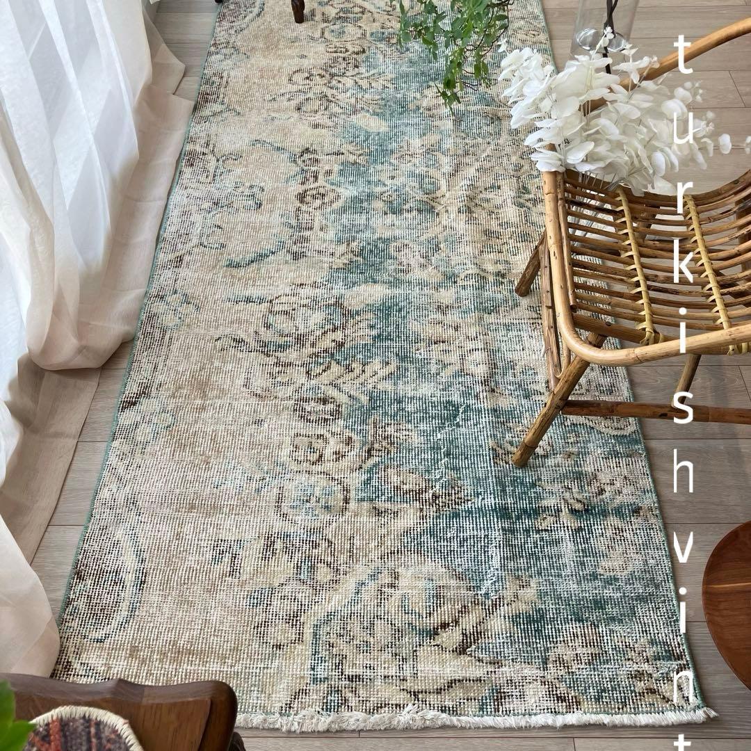 スカイブルー82×185シャビー　エメラルド　ランナー　トルコヴィンテージラグ