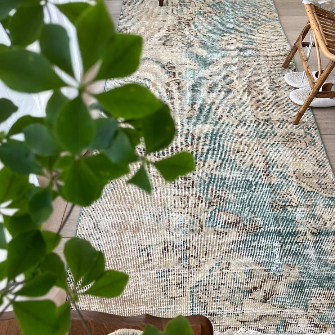 スカイブルー82×185シャビー　エメラルド　ランナー　トルコヴィンテージラグ