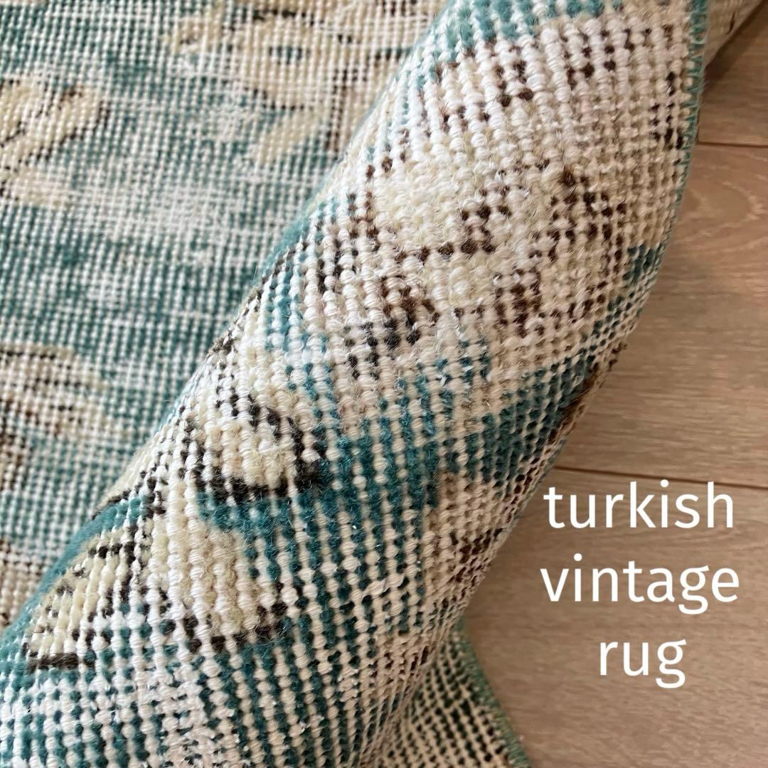 スカイブルー82×185シャビー　エメラルド　ランナー　トルコヴィンテージラグ