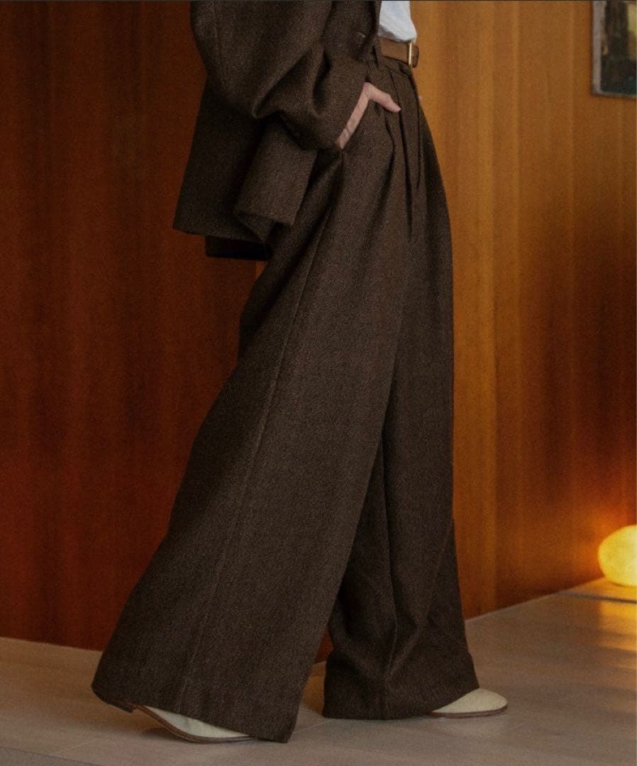 【完売品】soerte ワイドストレートヘリンボーンスラックス ブラウン 3