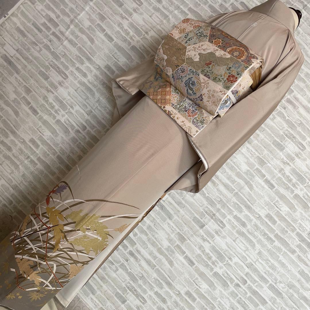 色留袖　フルセット　稲穂　鳥　丸に三つ柏　金駒　金彩　五つ紋　比翼仕立て　L3